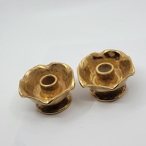 Vintage Hand Painted Stangl Art Pottery set of 2 candle holders . 22kt gold - Picture 1 of 8